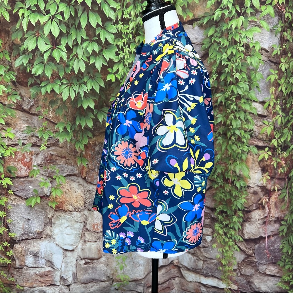 THML Bright Blue Botanical Print Puff Sleeve Resortwear Blouse, S - Picture 4 of 11